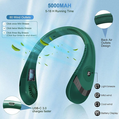 5000Mah 3-Speed Foldable Bladeless Hanging Neck Fan