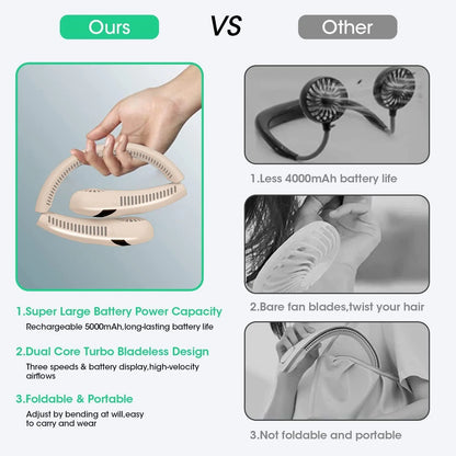 5000Mah 3-Speed Foldable Bladeless Hanging Neck Fan